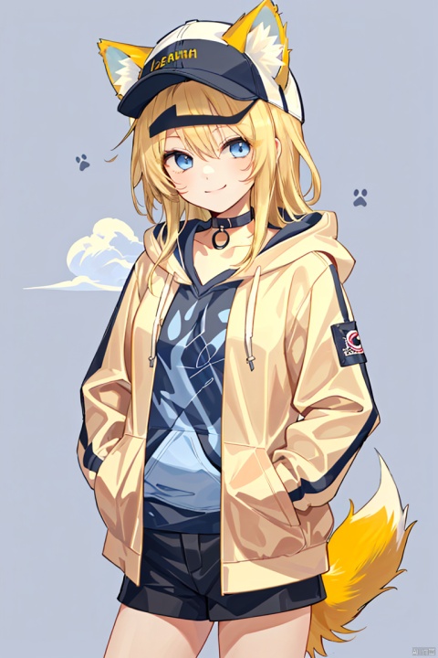  1girl,animal ears,baseball cap,loli,petite,blonde hair,long hair,big hair,hair flowing over,messy hair,blue eyes,choker,closed mouth,collar,(dog tail1.2),hand in pocket,hat,hat with ears,hood,hoodie,jacket,long hair,long sleeves,looking at viewer,nail polish,open clothes,open jacket,simple background,smile,solo, cloud, 372089