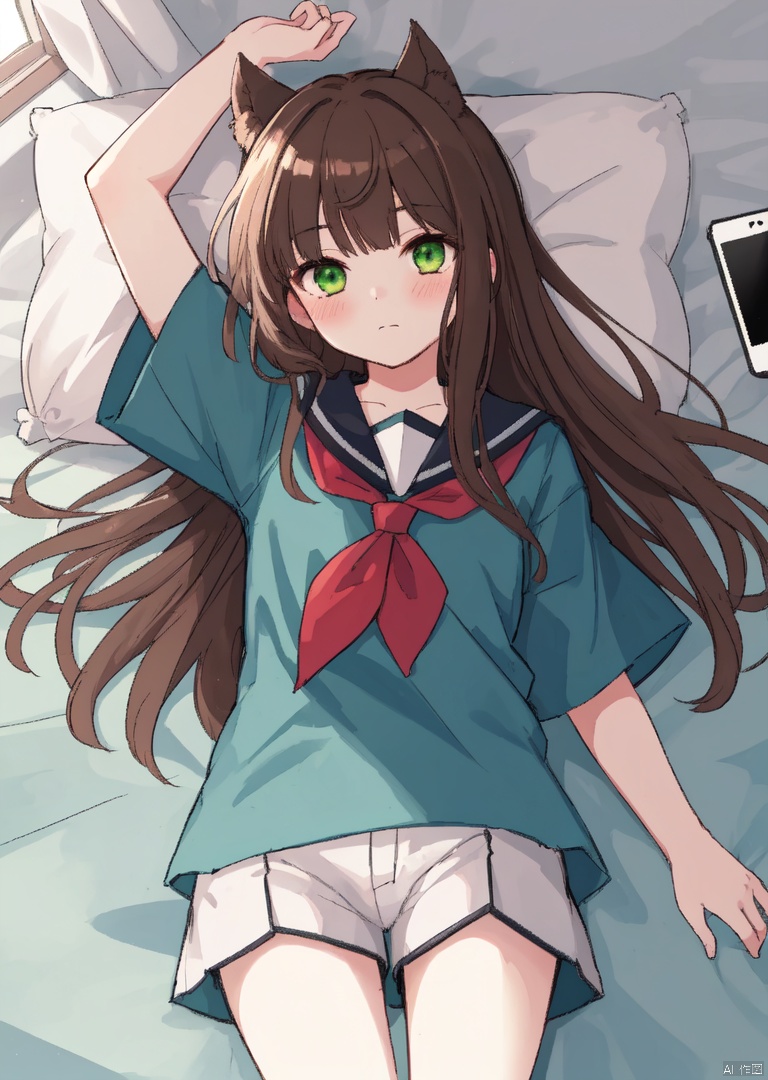  (masterpiece),(best quality),illustration,ultra detailed,hdr,Depth of field,(colorful),[iumu],[Sheya],[Artist chen bin],transparent background, artist roha, 1girl, brown hair, phone, cellphone, solo, pillow, indoors, smartphone, on bed, green eyes, long hair, shirt, bangs, bed sheet, curtains, short sleeves, shorts, blush, school uniform, serafuku, pajamas, frills, window, bed, closed mouth, sunlight, white shirt, frilled shorts, blue shirt, outstretched arm,lying,day, Kal'tsit, platinum_(arknights)