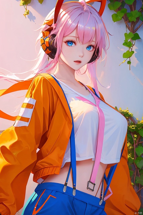 1 girl, shenhe (genshin impact),with long white hair, delicate and beautiful features, blue eyes, big breasts, (orange jacket, white sexy suspenders, wearing pink headphones: 1.4), bare shoulders, exposed navel, leaning on the green ivy wall, looking Facing the audience, medium shot, side shot, Sanqi clone shot, shenhe (genshin impact), cozy animation scenes, guoflinke, w_(arknights)