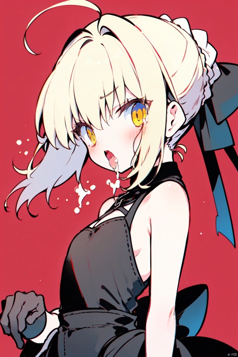  masterpiece,1girl, solo, breasts, looking at viewer, short hair, bangs, blonde hair, simple background, gloves, dress, ribbon, bare shoulders, hair ribbon, yellow eyes, braid, ahoge, sidelocks, small breasts, sleeveless, black gloves, hair bun, black dress, black ribbon, sleeveless dress, single hair bun, red background, french braid, artoria pendragon \(fate\), saber,,saber, Cum in mouth, torn pantyhose