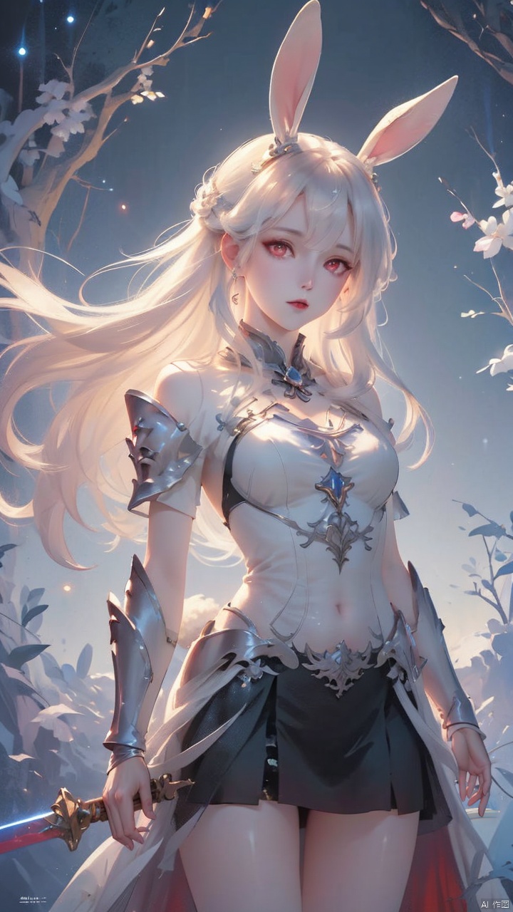  masterpiece,best quality,extremely high detailed,intricate,8k,HDR,wallpaper,cinematic lighting,(universe:1.4),dark armor,glowing eyes,anthropomorphic rabbit mecha,holding a sword,red jewel on sword, xiaowu, Gauze Skirt