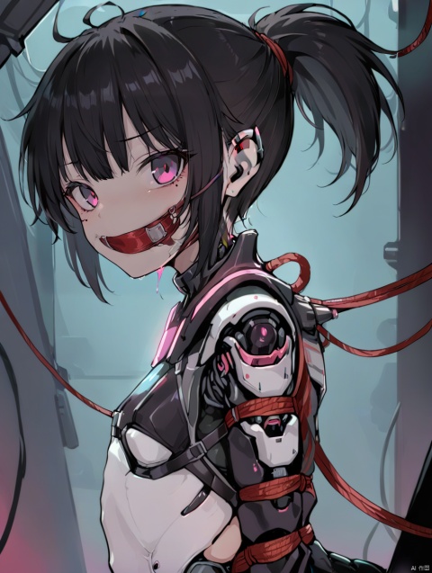  gzly,1girl,solo,cyberpunk,ponytail,looking at viewer,black hair,science fiction,upper body,joints,masterpiece, best quality, Mecha, Illustration, circuitboard, loli, Rope bondage and blake tape gag