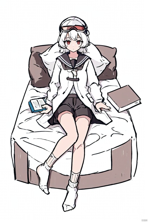  1girl, solo, long hair, looking at viewer, bangs, shirt, red eyes, long sleeves, hat, full body, white shirt, white hair, lying, shorts, socks, on back, sailor collar, coat, pillow, book, short shorts, bed, on bed, no shoes, black shorts, white socks, goggles, goggles on head