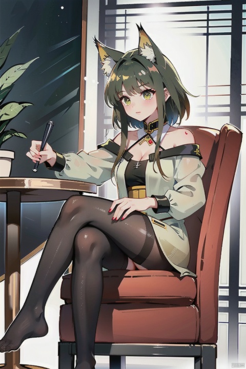  A girl, {feet on the table}, sitting with her whole body, feet, toes, legs, crossed legs, arms crossed, black pantyhose, sole, foot focus, no shoes, Dutch horn, looking at the audience, office chair, sharp eyes, long hair, smooth skin, solo, window, blinds, Asian beauty wearing black stockings, short skirt, casual colored clothes, her own shoulder skirt, sitting Asian beauty. Qiu Ying's works are simple Chinese paintings with simple lines. He is a master of ancient Chinese painting, known for his ink wash, oriental style, traditional clothing, line art, abstract art, and yellow rice paper. Gu Kaizhi and Wu Daozi focus on artistic conception, with simple backgrounds and diverse styles. He has a certain artistic atmosphere and high-end flashlight effects, KNOTBLOUSE