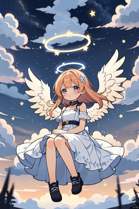  blurry foreground with drifting clouds. in the background, a girl with angel wings and halo, sitting among clouds. her dress is made of clouds and dotted with little stars. The whole atmosphere of the picture is serene and dreamy, evoking a sense of nostalgia and magic. very aesthetic., loli, texas \(arknights\)