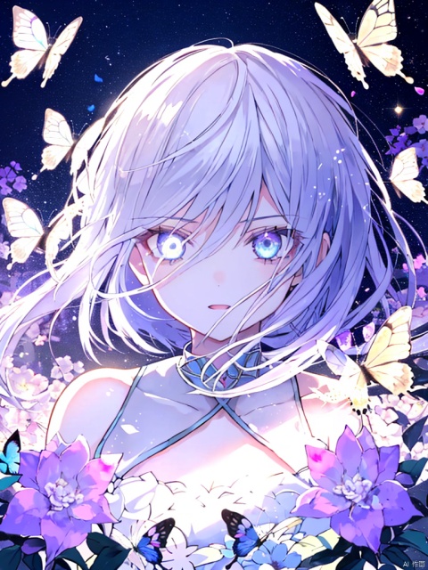  night,glowing eyes
1 girl, solo, long white hair, blue eyes, detailed eyes, blink and youll miss it detail, purple glittering butterflies, outdoors, flower garden, high quality, floral background, very detailed
