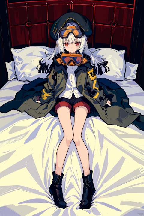  1girl,white hair,long hair,red eyes,(straight bang),(black beret,goggles),white shirt,(lying on bed,under a quilt,pillow),(full body,from above), yingjacket and yingshorts, backlight