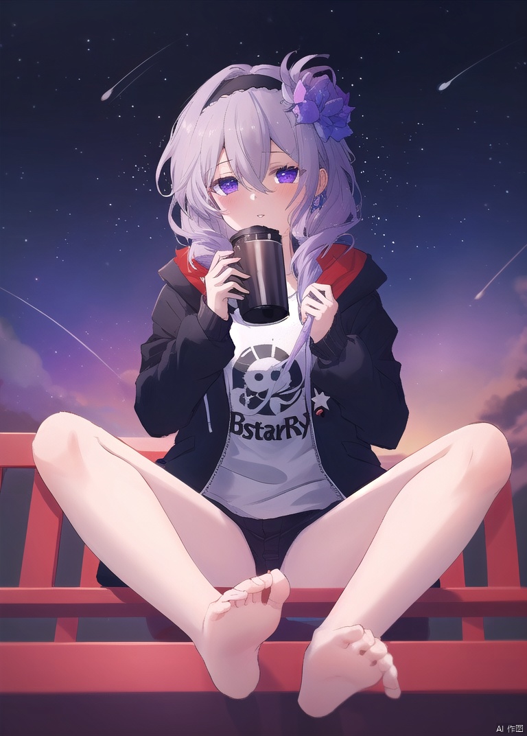  masterpiece,best quality,high quality,(colorful),[Artist sk (askzy)],[Artist wlop],firefly (honkai star rail), foot focus, 1girl, toes, solo, barefoot, feet, long hair, grey hair, looking at viewer, hairband, foreshortening, soles, blush, jacket, black hairband, black jacket, presenting foot, shirt, hair between eyes, sitting, white shirt, purple eyes, toenails, trailblazer (honkai: star rail), blurry, sidelocks, parted lips, hair intakes, bow, Lappland