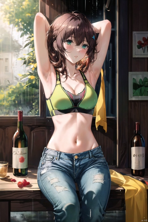  1girl, solo, long hair, breasts, black hair, navel, cleavage, brown eyes, medium breasts, sitting, midriff, pants, indoors, armpits, bra, blurry, arms up, lips, bottle, denim, arms behind head, jeans, sports bra, realistic,(rainning:1.3), , green eyes, ((poakl)), zcshinkai\(\style\), gummy_(arknights), meiren-red lips, oyama_mahiro, girl