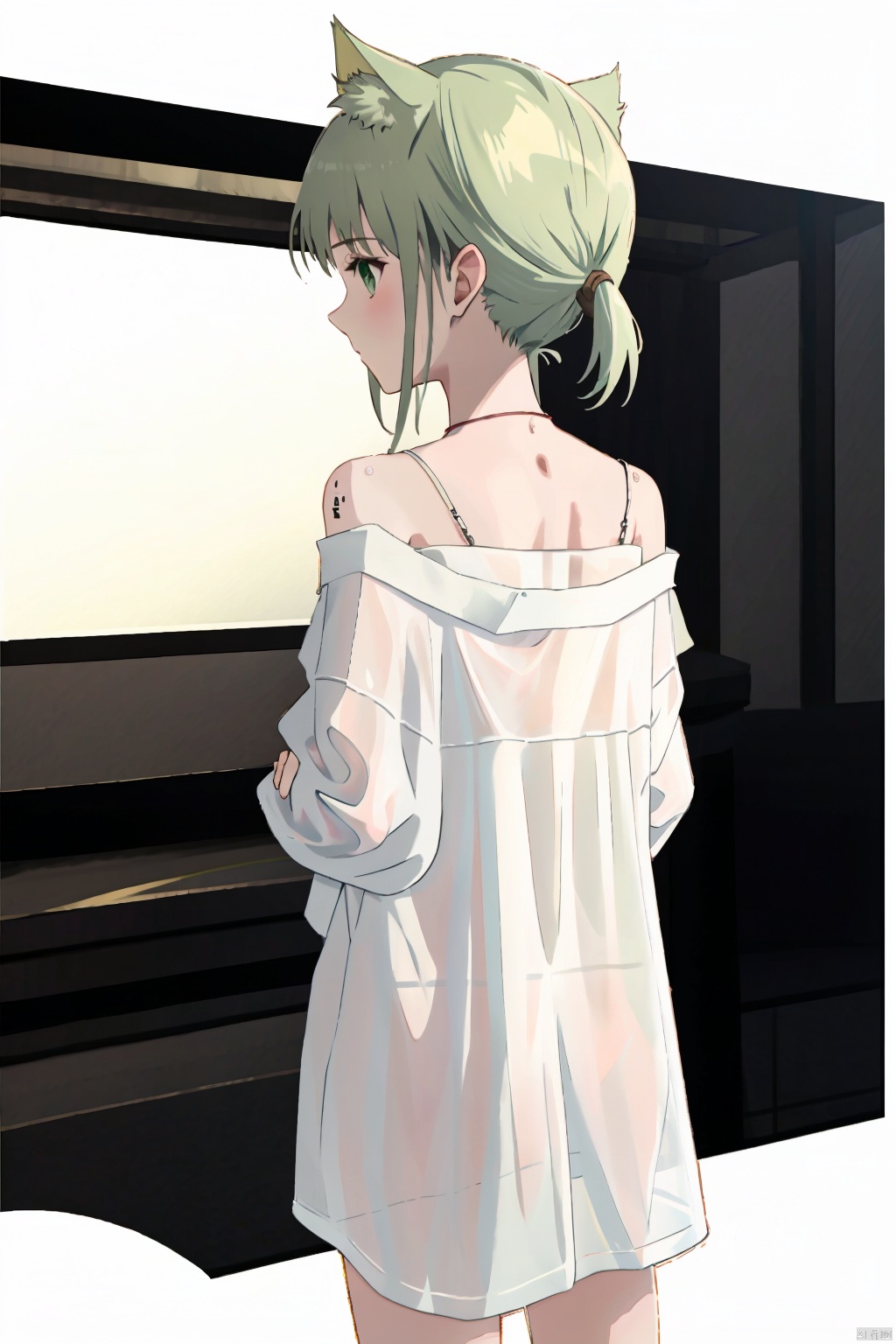  1 girl, focused, solo, looking back, looking from behind, half fallen clothes, shirt, white background, white shirt, looking at the audience, green eyes, boyfriend, comfortable anime, perspective wet T-shirt, soft, hair tied, hair tied, perfect fingers, ((poakl)), phSaber,kaldef