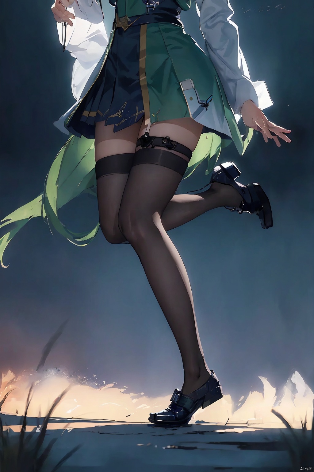 A woman wearing military medical attire, blue-green nurse uniform, medium length short hair, gloomy and angry expression, blue nurse hat, beautiful anime portrait, black stockings, five toes, foot vision, trampling perspective, being stepped on, digital anime illustration, beautiful anime style, fantasy medical worker, anime illustration, anime fantasy illustration, beautiful character painting, pop art, (\ personality \), w_ (Arknights), 1 girl, green eyes, (trampling), ((poakl))