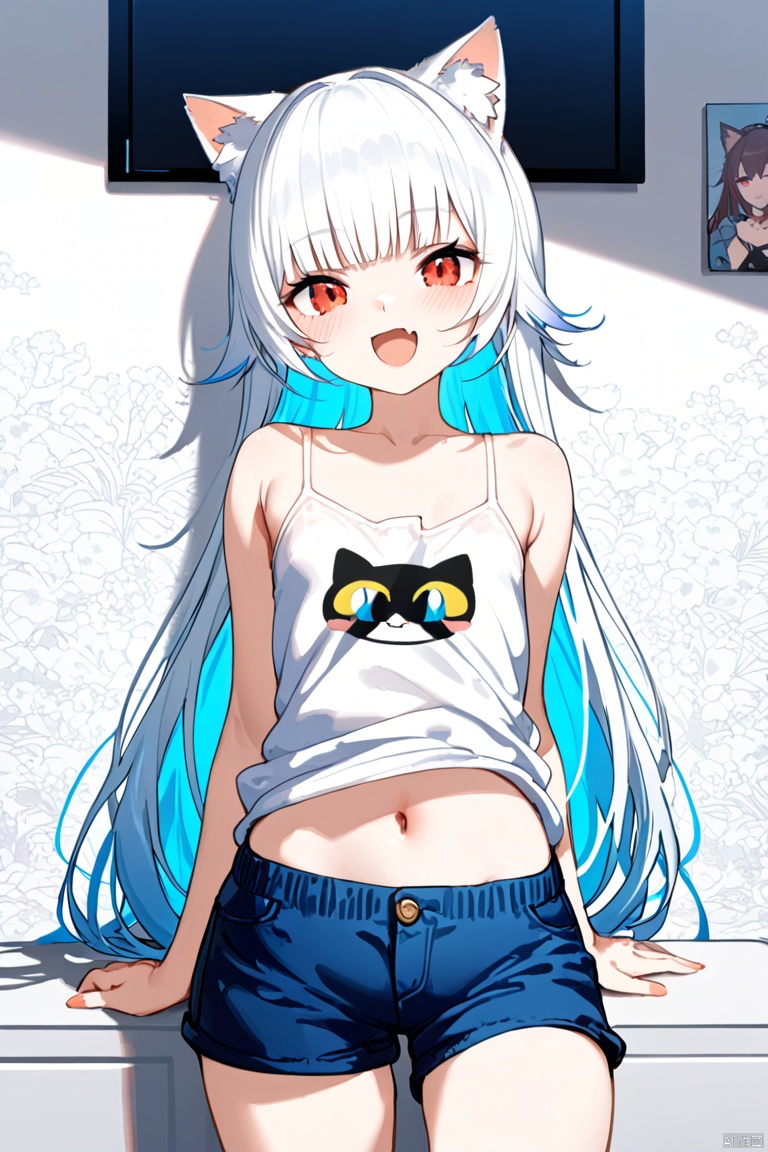  ultra-detailed,(best quality),((masterpiece)),(highres),original,extremely detailed 8K wallpaper,(an extremely delicate and beautiful), anime, \\, BREAK 1girl, long hair, white hair, virtual youtuber, open mouth, cat ears, fang, smile, blush, camisole, shorts, solo, bangs, very long hair, shirt, looking at viewer, :d, skin fang, ribbon, red eyes, simple background, ((young teenage girl)), ((petite))