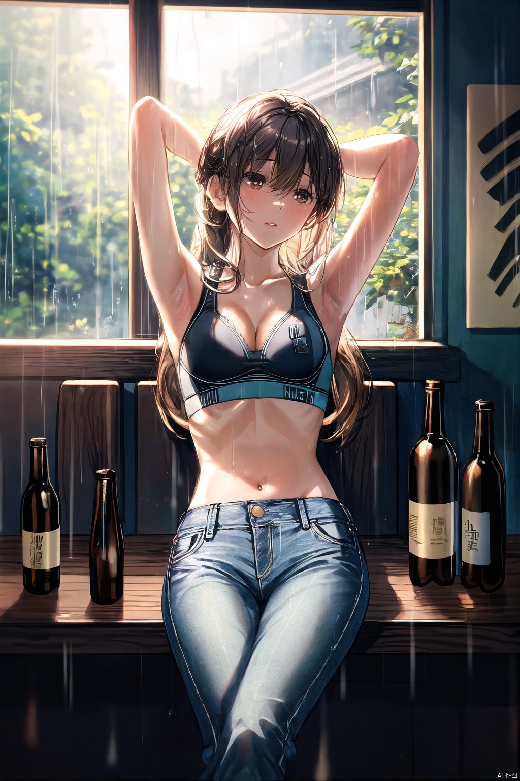  1girl, solo, long hair, breasts, black hair, navel, cleavage, brown eyes, medium breasts, sitting, midriff, pants, indoors, armpits, bra, blurry, arms up, lips, bottle, denim, arms behind head, jeans, sports bra, realistic,(rainning:1.3), ((poakl)), suzuran \(arknights\)