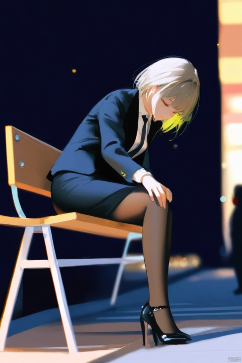  masterpiece,best quality,high quality,(colorful),[Artist miwano rag],[Artist chen bin],[Artist wlop], 1girl, pantyhose, high heels, sitting, skirt, shirt, jacket, outdoors, black footwear, white shirt, solo, brown hair, necktie, office lady, chair, blurry, suit, pencil skirt, black jacket, collared shirt, formal, black pantyhose, black skirt, blurry background, long sleeves, black necktie, from side, open clothes, short hair, night, solo focus, open jacket, full body, brown eyes, looking down, depth of field, black hair, medium hair, bench, breasts, hand on own leg, hand on own thigh, closed mouth, suit jacket, Kal'tsit