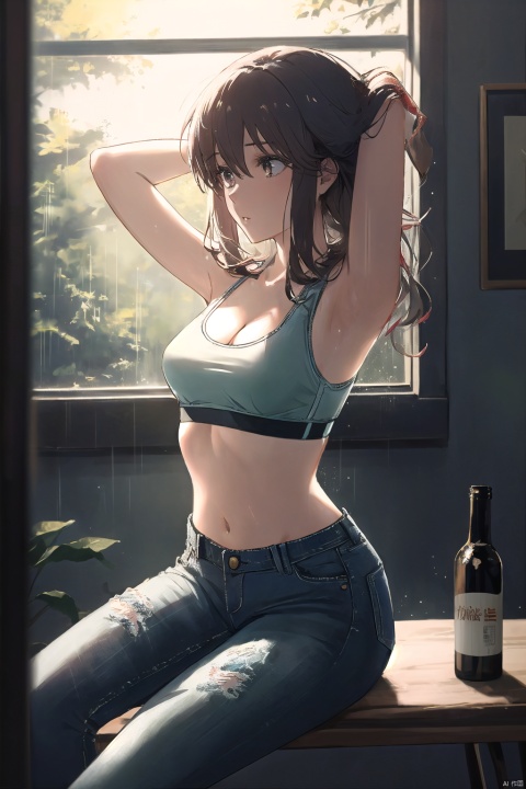  1girl, solo, long hair, breasts, black hair, navel, cleavage, brown eyes, medium breasts, sitting, midriff, pants, indoors, armpits, bra, blurry, arms up, lips, bottle, denim, arms behind head, jeans, sports bra, realistic,(rainning:1.3), ((poakl)), w_(arknights), gotou hitori