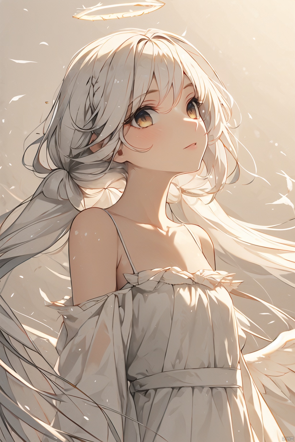  best quality, amazing quality, very aesthetic,1girl, solo, wings, long_hair, dress, white_hair, twintails, halo, very_long_hair, looking_at_viewer, white_wings, black_background, white_theme, feathered_wings, full_body, white_dress, simple_background, bangs, angel_wings, low_wings, head_wings, bare_shoulders, angel, crown, closed_mouth, multiple_wings, white_eyes, floating