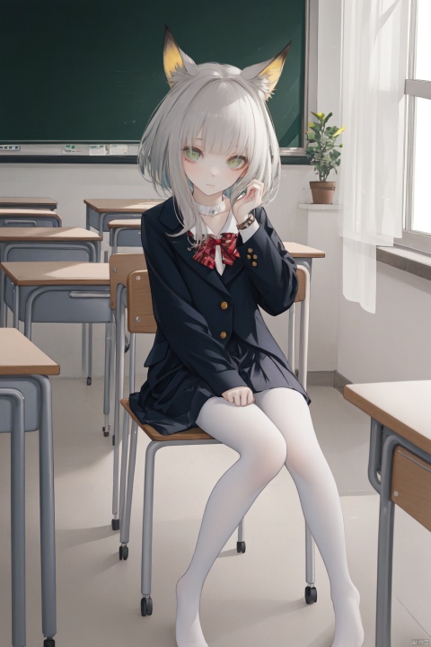  best_quality, extremely detailed details, loli,underage,((shrot)),1_girl,solo,full_body,cute_face,pretty face,extremely delicate and beautiful girls,(beautiful detailed eyes),yellow_eyes,black_hair ,fox_ears,fox_tail,see_through_clothes, school,classroom,desk,chair,school_suit, nagato_(azur_lane),nagatowhite, white pantyhose, green eyes