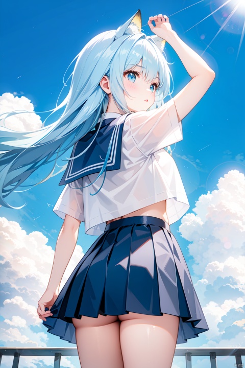  best quality, amazing quality, very aesthetic, absurdres,1girl, solo, long_hair, skirt, blue_eyes, blue_hair, very_long_hair, school_uniform, short_sleeves, serafuku, looking_at_viewer, sky, shirt, sailor_collar, white_shirt, cloud, blue_sky, blue_skirt, arm_up, day, looking_back, bangs, blue_sailor_collar, hair_between_eyes, from_behind, cowboy_shot, black_skirt, shiny_hair, midriff, standing, outdoors, miniskirt, shiny, floating_hair, parted_lips, crop_top, ((poakl)), green eyes