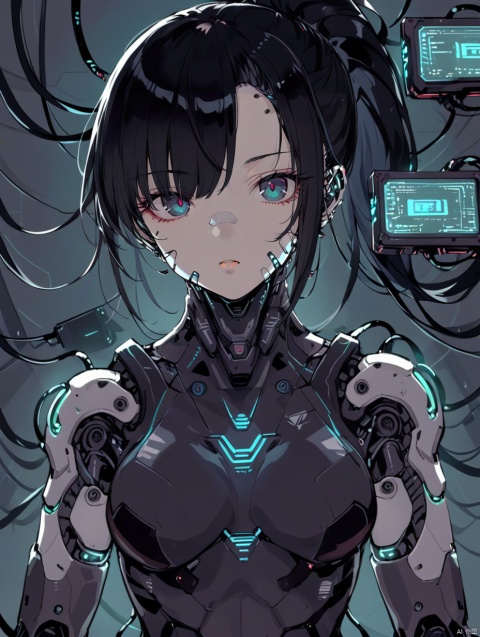  gzly,1girl,solo,cyberpunk,ponytail,looking at viewer,black hair,science fiction,upper body,joints,masterpiece, best quality, Mecha, Illustration, circuitboard