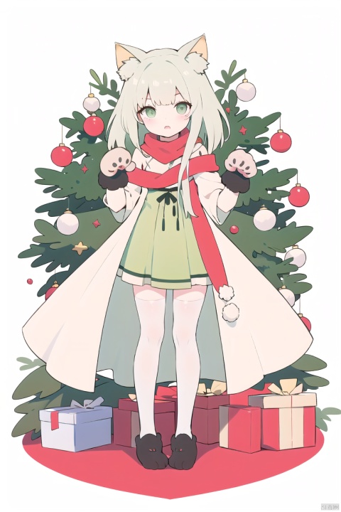  Tendou Alice,(loli:1.2),long hair,(paw pose:1.4),scarf,strap slip,full body,(white silk stockings:1.3),(Cat paw gloves:1.3),White background,(Merry Christmas!), green eyes, hydress-hair ornaments