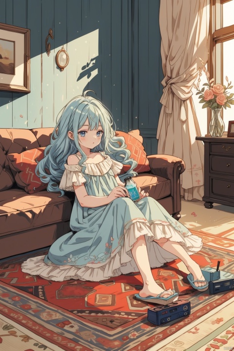  masterpiece, panorama,1 girl, cute, solo focus, long curly hair, light blue hair, happy face, delicate dress, hair spin, ((sitting on sofa)), slippers, a delicate sitting room, deep of field, a photo frame on the wall, velvet curtains, sofa in modern minimalist style, Stuffed toys on the floor,drinking soft drink,((carpet)) on the floor, game consoles scattered on the floor, summer holiday, drinking soft drinks, beautiful flowers around her, backlight, mLD, cozy anime, (\ji jian\), akebi komichi