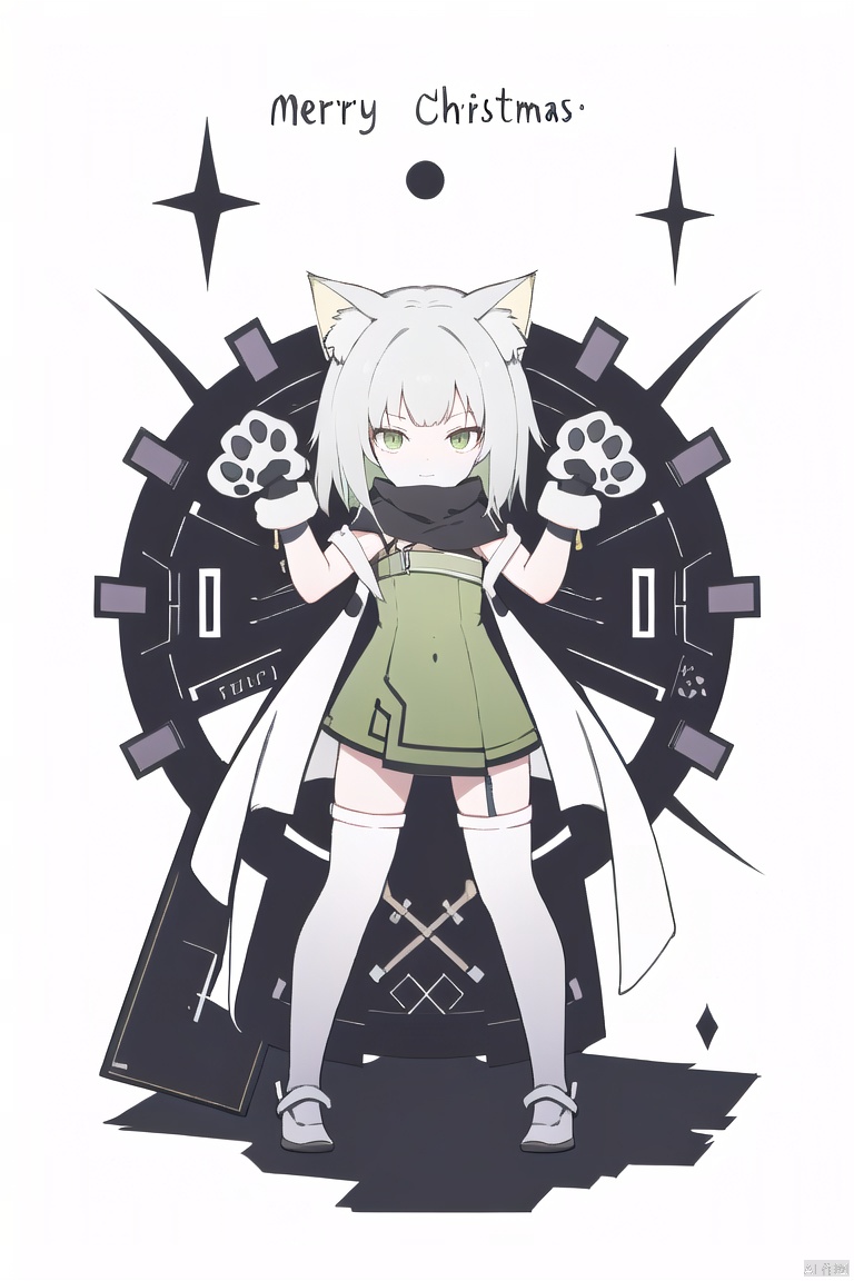  Tendou Alice,(loli:1.2),long hair,(paw pose:1.4),scarf,strap slip,full body,(white silk stockings:1.3),(Cat paw gloves:1.3),White background,(Merry Christmas!), green eyes, hydress-hair ornaments, yinwen,no humans, spread *****
