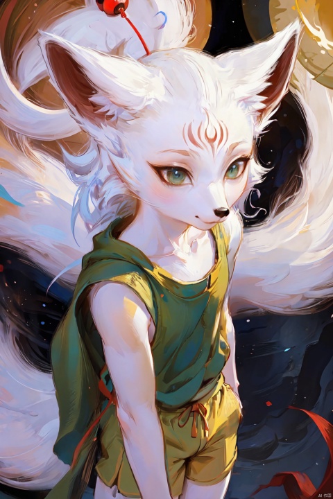  The image is an illustration depicting a white fox and a small boy. From a lighting perspective, the distribution of lightiseven,with适度的明暗对比, allowing the outline of the white fox and the boy to be clearly seen. In terms of color, the overall color is dominated by white and brown, giving a warm and comfortable feeling. In terms of style, the painting employs the realistic painting technique, making every detail of the image come alive.

In terms of quality, the lines are delicate,thecolorsare饱满, and the details are handled withcare,indicatingthe画家's high level of skill. The portrayal of the boy in the picture is particularly well done, with the boy dressed in yellow shorts and a green vest, holding a yellow string that is tied to a red bell, making the scene more lively and interesting.

From a style perspective, the style of the picture leans towards fairy tale and fantasy, giving a mysterious and dreamlike feeling. The white fox's eyes seem to be looking at the boy, giving a warm and friendly feeling, while the boy's eyes are filled with curiosity and anticipation, givingalivelyand开朗的感觉.

Overall, the picture's lighting, color, style, quality, and portrayal of characters, objects, clothing, actions, expressions, and psychological states are all handled well, making it an excellent illustration., Furry Girl