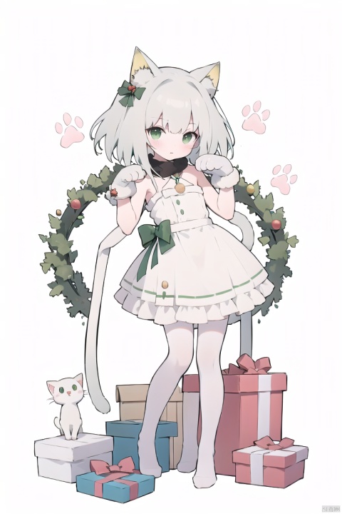  Tendou Alice,(loli:1.2),long hair,(paw pose:1.4),scarf,strap slip,full body,(white silk stockings:1.3),(Cat paw gloves:1.3),White background,(Merry Christmas!), green eyes, white pantyhose