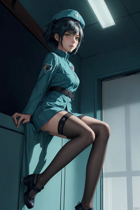 A woman wearing military medical attire, blue-green nurse uniform, medium length short hair, gloomy and angry expression, blue nurse hat, beautiful anime portrait, black stockings, five toes, foot vision, trampling perspective, being stepped on, digital anime illustration, beautiful anime style, fantasy medical worker, anime illustration, anime fantasy illustration, beautiful character painting, pop art, (\ personality \), w_ (Arknights), 1 girl, green eyes, (trampling), ((poakl))