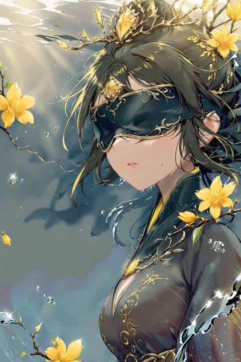  1 girl,(Yellow light effect),(blindfold:1.2),hair ornament,jewelry,looking at viewer,flower,floating hair,water,underwater,air bubble,Flowers,petal,branch,submerged