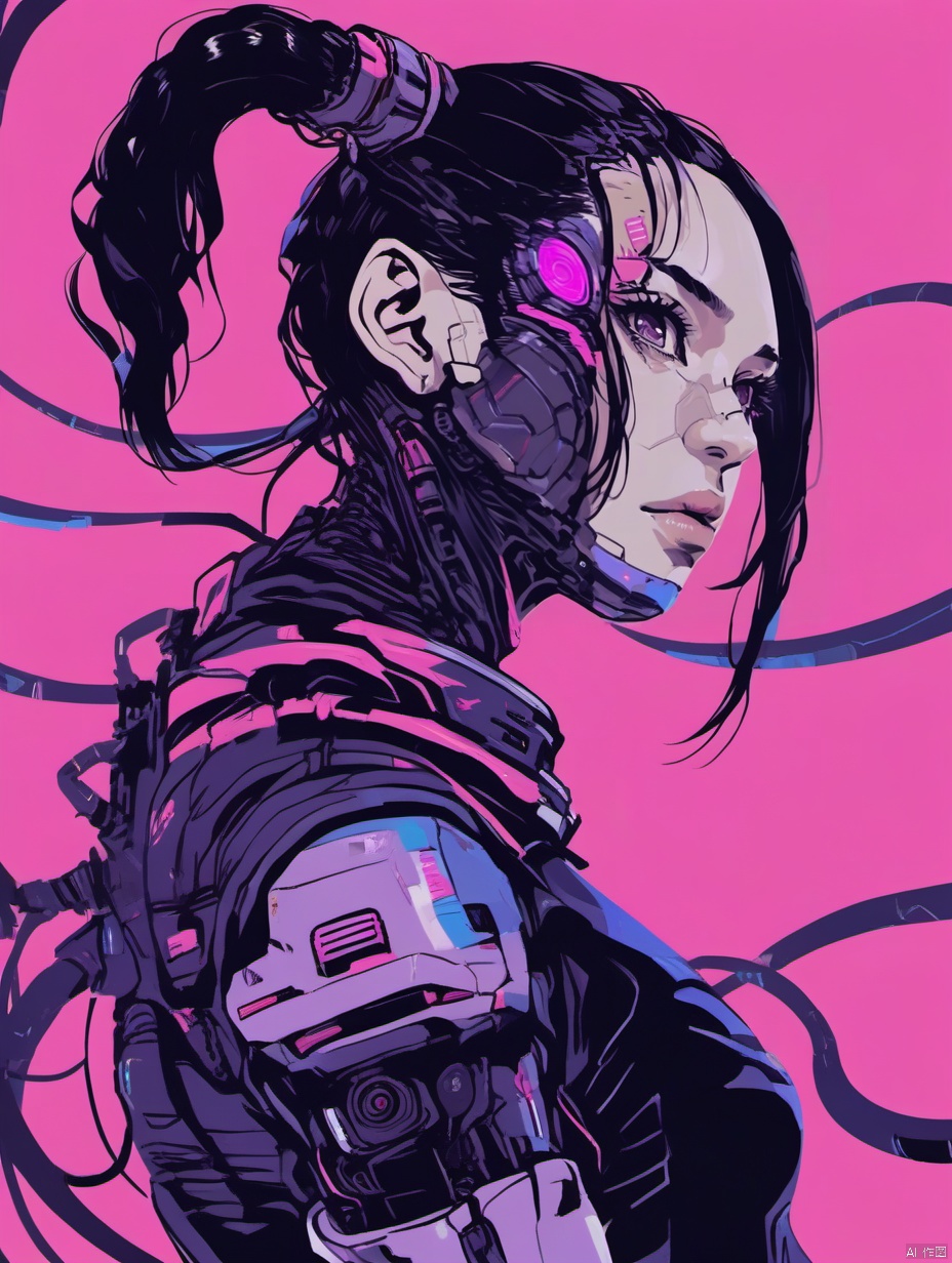  gzly,1girl,solo,cyberpunk,ponytail,looking at viewer,black hair,science fiction,upper body,joints,masterpiece, best quality,