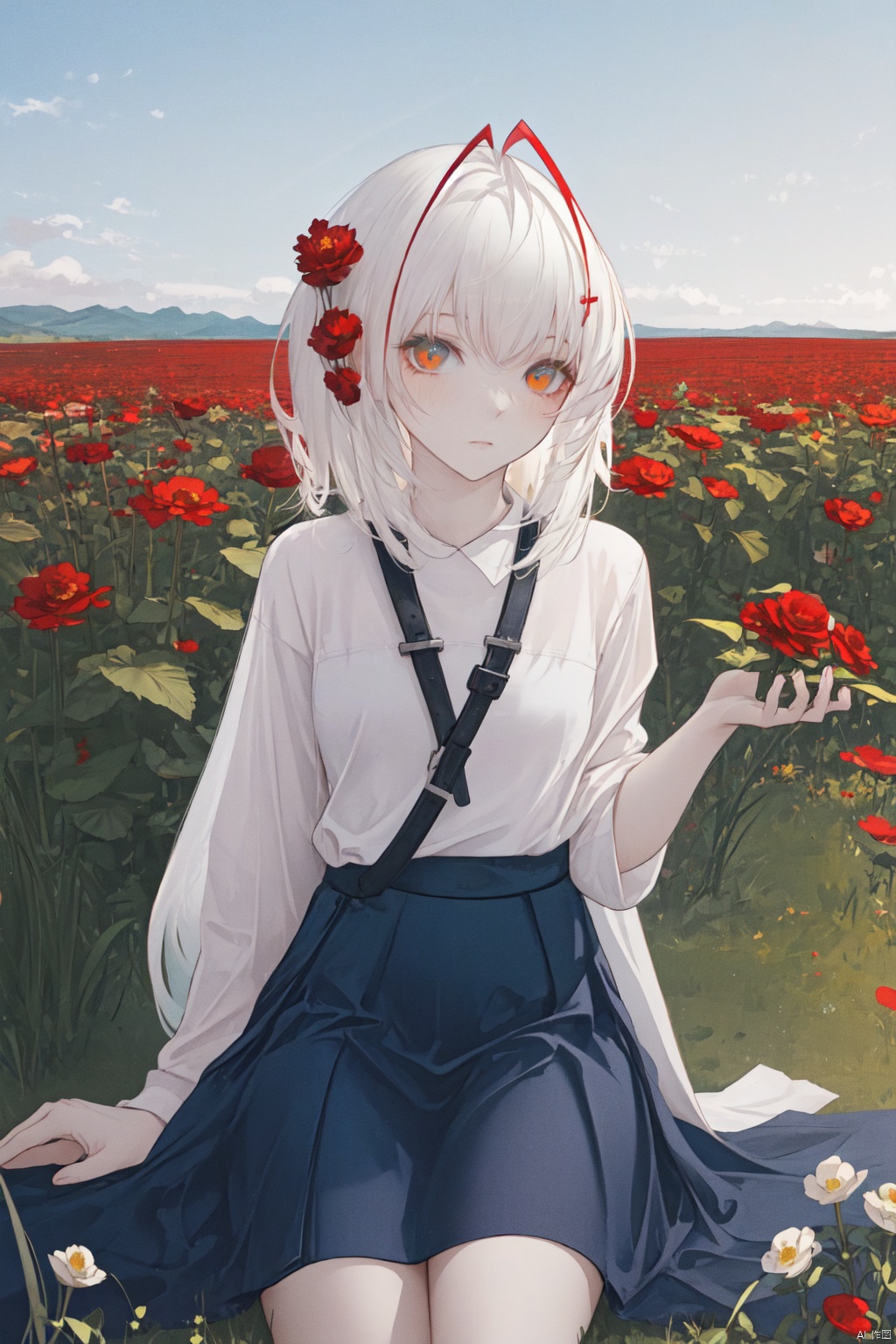  (masterpiece, best quality),1 girl with long white hair sitting in a field of green plants and red flowers,skinny, ahoge,medium hair, w_(arknights)