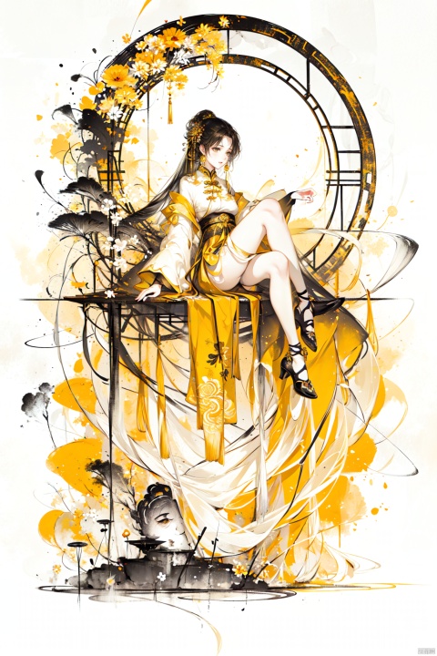  best quality, amazing quality, very aesthetic,1girl, high_heels, long_hair, sketch, monochrome, shoes, skirt, yellow_theme, yellow_background, sitting, solo, guoflinke, Ink scattering_Chinese style,yjmonochrome