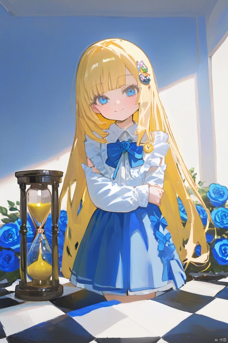  (masterpiece),(best quality),1girl, solo, blue_flower, flower, blue_eyes, long_hair, blonde_hair, blue_rose, detached_sleeves, smile, rose, skirt, long_sleeves, shirt, looking_at_viewer, closed_mouth, white_shirt, blush, bow, checkered_floor, holding, hourglass, standing, sleeveless, indoors, frills, fantasy7033, baiwe7033 style