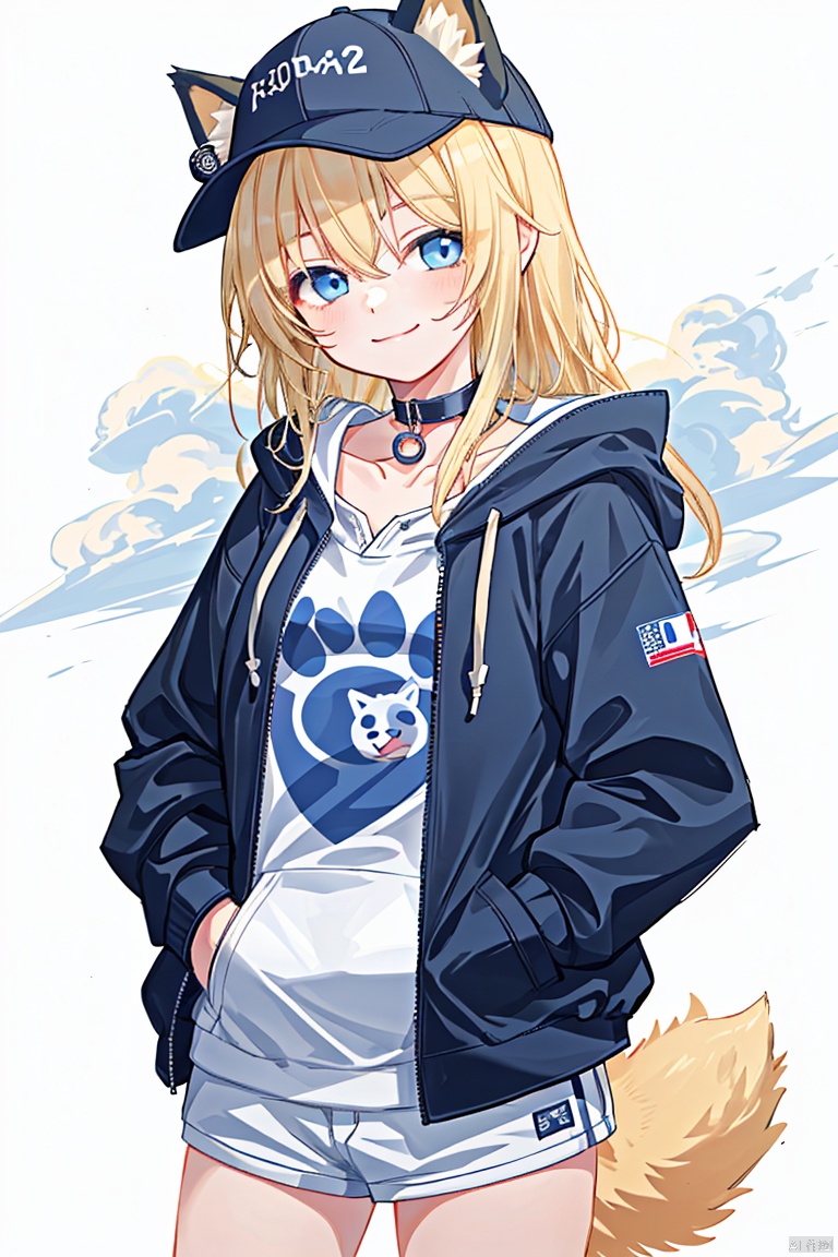  1girl,animal ears,baseball cap,loli,petite,blonde hair,long hair,big hair,hair flowing over,messy hair,blue eyes,choker,closed mouth,collar,(dog tail1.2),hand in pocket,hat,hat with ears,hood,hoodie,jacket,long hair,long sleeves,looking at viewer,nail polish,open clothes,open jacket,simple background,smile,solo, cloud, 372089