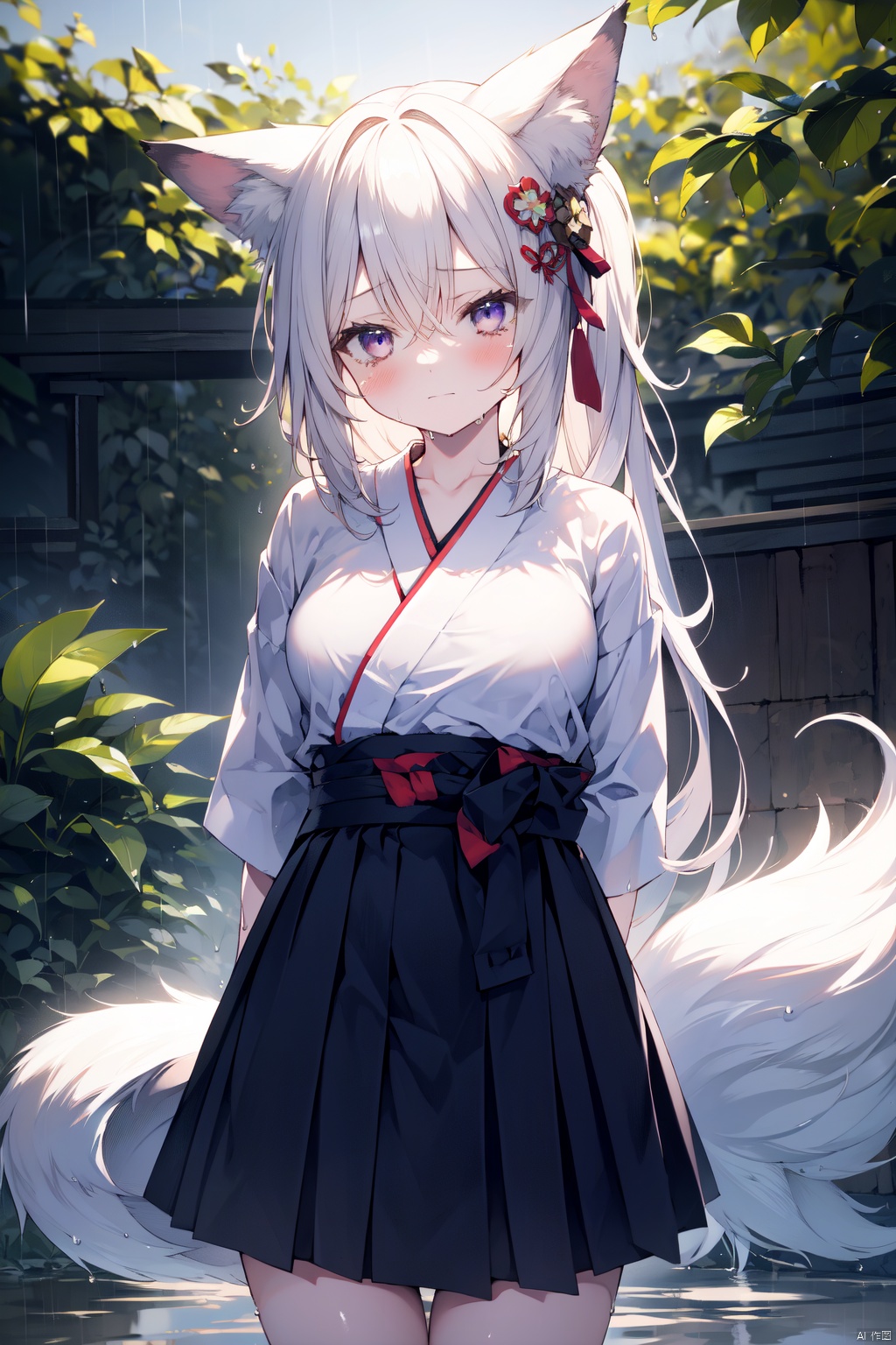  1girl, japanese_clothes, rain, fox_ears, solo, white_kimono, animal_ears, folded_ponytail, hakama, fox_tail, fox_girl, red_hakama, purple_eyes, tail, skirt, hakama_skirt, tears, kimono, hair_between_eyes, long_hair, crying, blush, bangs, outdoors, miko, animal_ear_fluff, crying_with_eyes_open, arms_behind_back, wet_clothes, long_sleeves, closed_mouth, white_hair, wet, looking_at_viewer, standing, hair_ornament, hair_ribbon, very_long_hair, Girl
