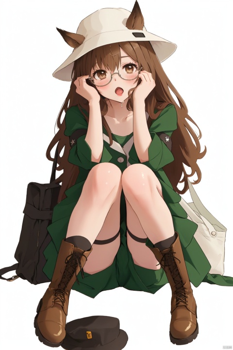  (masterpiece), (best quality), illustration, ultra detailed, hdr, Depth of field, (colorful), loli, 1girl, solo, boots, shorts, glasses, hat, thighhighs, brown footwear, long hair, gloves, cross-laced footwear, short sleeves, open mouth, shiny, brown hair, looking at viewer, shiny hair, blush, bangs, collarbone, single thighhigh, semi-rimless eyewear, thigh strap, knee boots, lace-up boots, hands on headwear, under-rim eyewear, hands up, shiny skin, brown eyes, green shorts, knees up, black thighhighs, full body, pocket, thighs, jacket, black-framed eyewear, green jacket, short shorts, simple background, green headwear, sitting, artist name, :o, bag, adjusting headwear, convenient leg, buttons, w_(arknights), Cum in mouth, boyfriend, ceobe_(arknights)