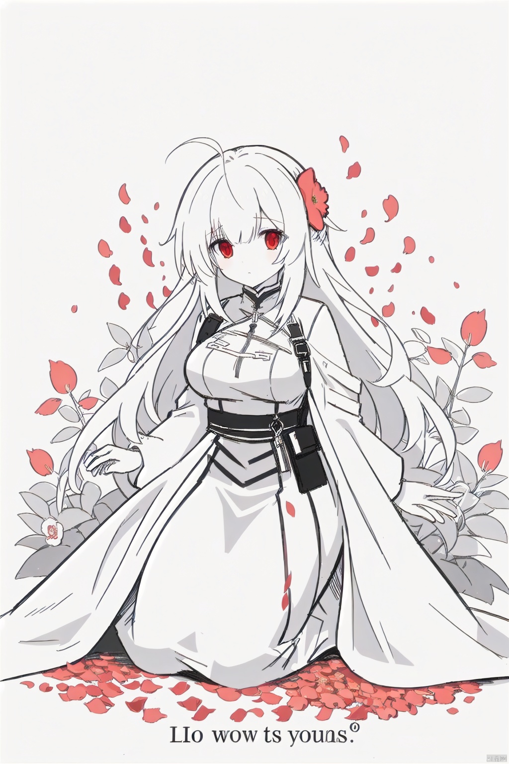  (masterpiece),(best quality),illustration,ultra detailed,hdr,Depth of field,(colorful),1girl,red eyes,white long translucent night gown,expressionless,(white hair),hair cover one eye,long hair,red hair flower,kneeling on lake,blood,(plenty of red petals:1.35),(white background:1.5),(English text),greyscale,monochrome,greyscale,monochrome,sketch, Kal'tsit, white hell, Migunov, gummy_(arknights),monoclor,lineart, phSaber, TUSHAN HONGHONG, guoflinke, yinyou,yinyou color, ATB gigantic and bursting breasts, KannaKamui, w_(arknights)