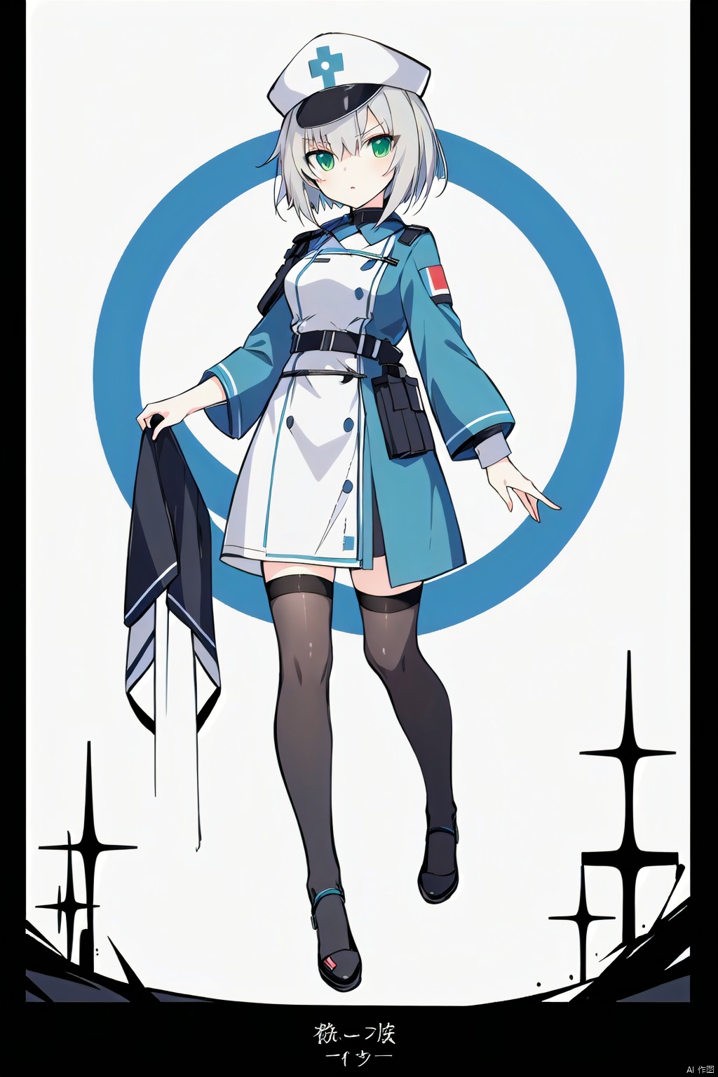 A woman wearing military medical attire, blue-green nurse uniform, medium length short hair, gloomy and angry expression, blue nurse hat, beautiful anime portrait, black stockings, five toes, foot vision, trampling perspective, being stepped on, digital anime illustration, beautiful anime style, fantasy medical worker, anime illustration, anime fantasy illustration, beautiful character painting, pop art, (\ personality \), w_ (Arknights), 1 girl, green eyes, (trampling), ((poakl))