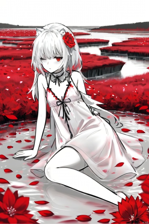  (masterpiece),(best quality),illustration,ultra detailed,hdr,Depth of field,(colorful),1girl,red eyes,white long translucent night gown,expressionless,(white hair),hair cover one eye,long hair,red hair flower,kneeling on lake,blood,(plenty of red petals:1.35),(white background:1.5),(English text),greyscale,monochrome,greyscale,monochrome,sketch, Kal'tsit, white hell, Migunov, gummy_(arknights),monoclor,lineart, qzhsws, texas_the_omertosa_(arknights), yyy, texas \(arknights\), soles, loli