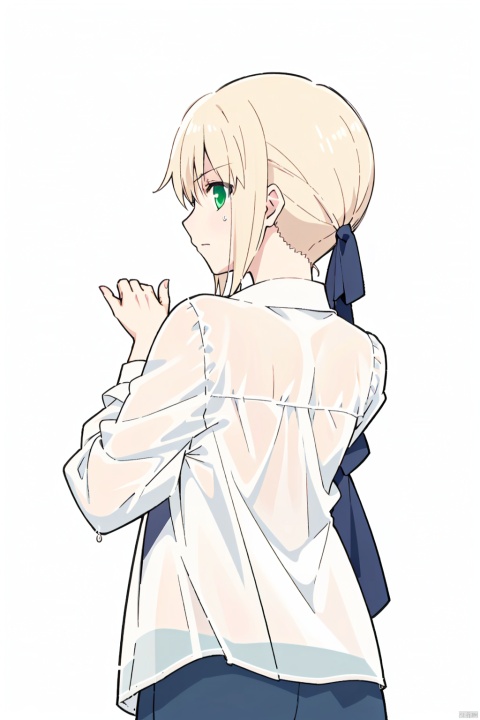  1 girl, focused, solo, looking back, looking from behind, half fallen clothes, shirt, white background, white shirt, looking at the audience, green eyes, boyfriend, comfortable anime, perspective wet T-shirt, soft, hair tied, hair tied, perfect fingers, ((poakl)), phSaber