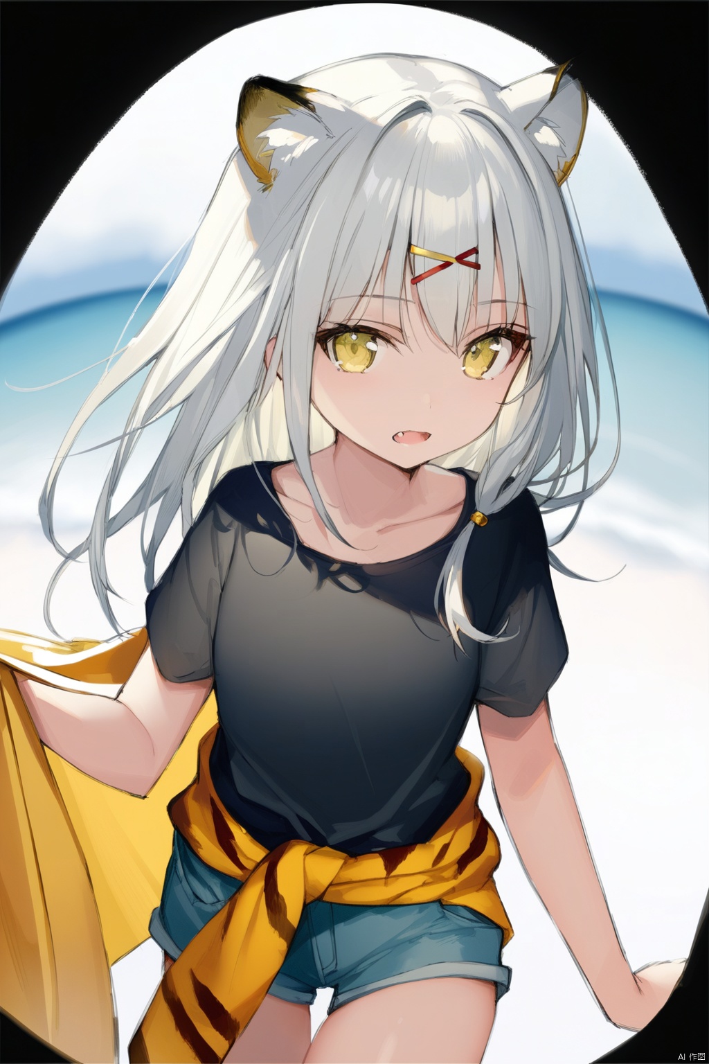  (masterpiece),(best quality),loli,petite,medium breast,(panorama:1.2),causticstail,disheveled hair, messy hair, long bangs, floating hair,highleg,{{short shorts}},solo,{an extremely delicate and beautiful}++++loose clothes,(black t-shirt:1.4)++,hairclip,++(animal print:1.2)++++Yellow eyes,white hair,tiger ears,fang out,{beautiful eyes},yellow jacket around waist,solo,cozy anime, Kal'tsit