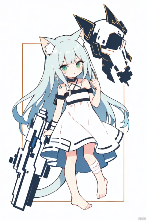  QB,chibi,1girl, white cat, cat, colored eyelashes, animal ears, strap slip, long hair, blue eyes, white dress, dress, sleeveless dress, barefoot, very long hair, bandages, headphones, sitting, bandaged arm, animal ear fluff, cat ears, no panties, looking at viewer, white hair, solo, sleeveless, artist name, bare shoulders, feet, tail, finger to mouth, toes, bangs, animal, cat tail, cat girl, shushing, collarbone, small breasts, bandaged hand, index finger raised, signature, breasts, white hell, soft, green eyes, yinwen,no humans