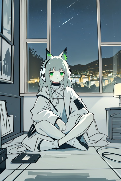  fine art, oil painting, amazing sky, . European Hippie Girl meditating in her room, dreaming, Wear headphones, night lights, Neon landscape on a rainy day, Analog Color Theme, Lo-Fi Hip Hop , retrospective, flat, 2.5D, 1 girl, w_(arknights), ((poakl)), green eyes,kaldef, loafers