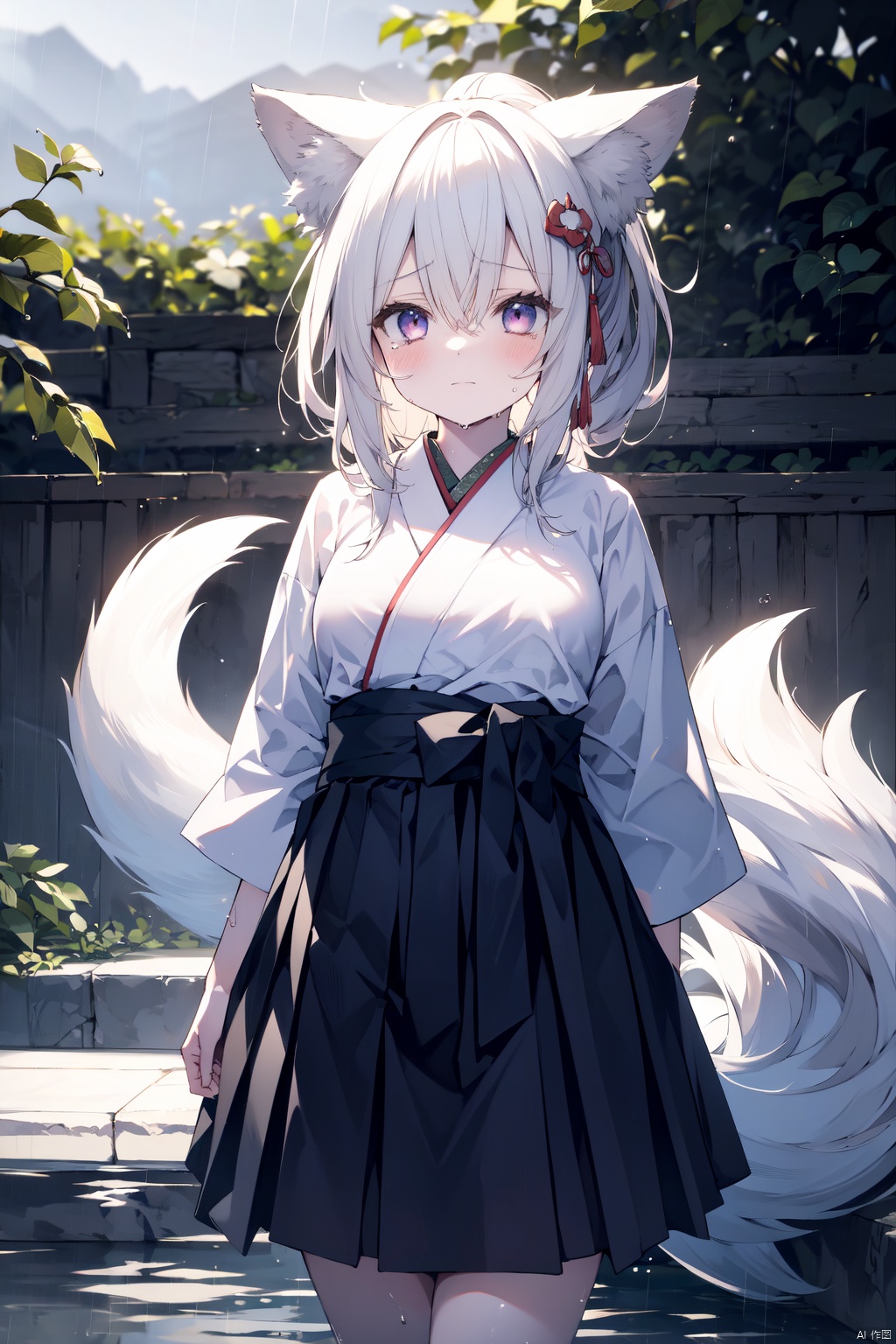  1girl, japanese_clothes, rain, fox_ears, solo, white_kimono, animal_ears, folded_ponytail, hakama, fox_tail, fox_girl, red_hakama, purple_eyes, tail, skirt, hakama_skirt, tears, kimono, hair_between_eyes, long_hair, crying, blush, bangs, outdoors, miko, animal_ear_fluff, crying_with_eyes_open, arms_behind_back, wet_clothes, long_sleeves, closed_mouth, white_hair, wet, looking_at_viewer, standing, hair_ornament, hair_ribbon, very_long_hair, Girl
