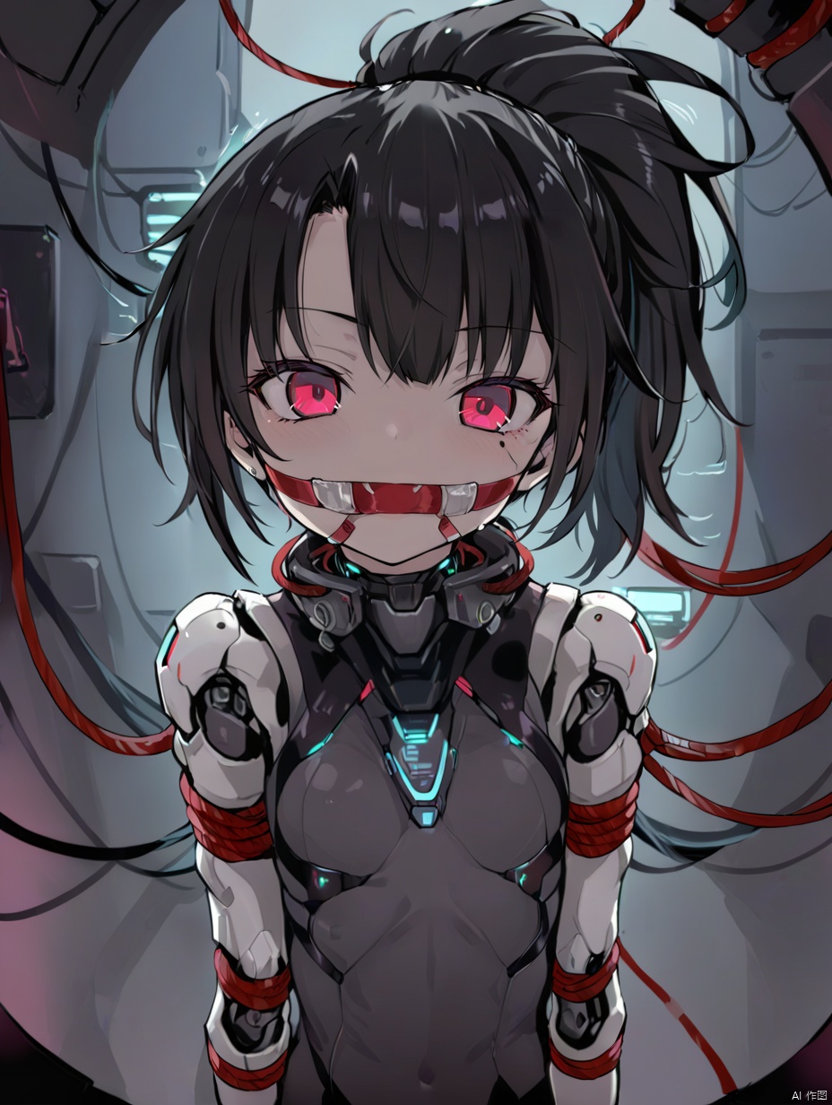  gzly,1girl,solo,cyberpunk,ponytail,looking at viewer,black hair,science fiction,upper body,joints,masterpiece, best quality, Mecha, Illustration, circuitboard, loli, Rope bondage and blake tape gag, BRS0, anhei