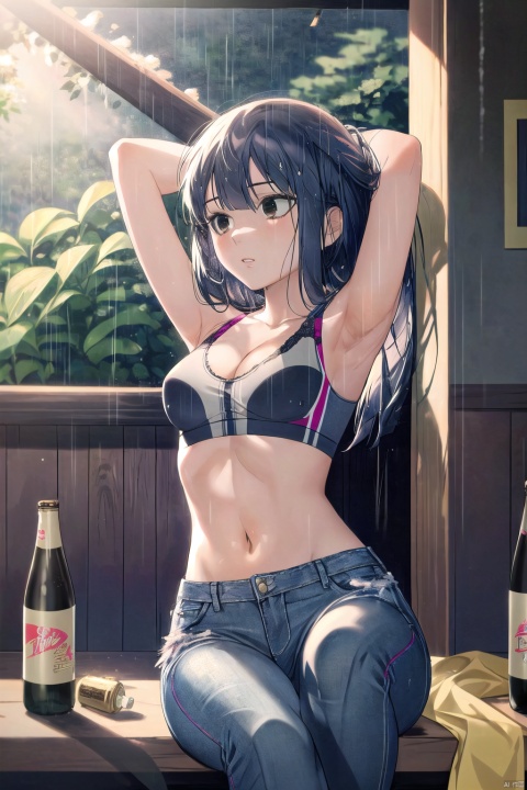  1girl, solo, long hair, breasts, black hair, navel, cleavage, brown eyes, medium breasts, sitting, midriff, pants, indoors, armpits, bra, blurry, arms up, lips, bottle, denim, arms behind head, jeans, sports bra, realistic,(rainning:1.3), , ((poakl)), kero, taosu