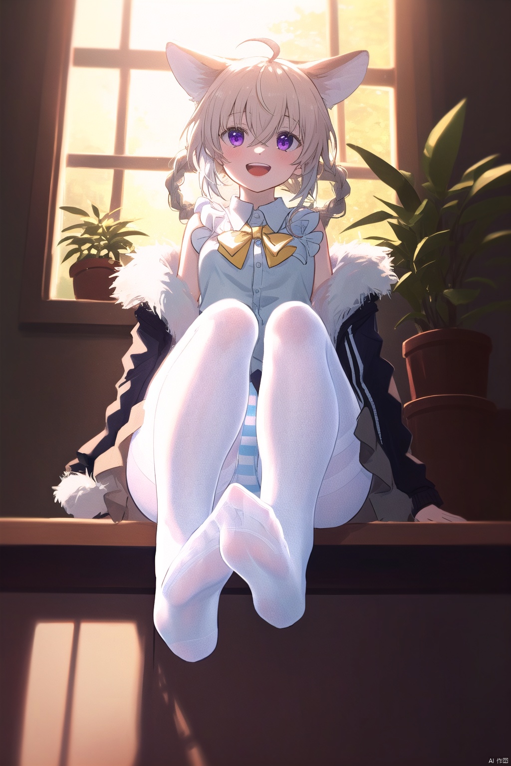  (masterpiece),(best quality),illustration,ultra detailed,hdr,Depth of field,(colorful),nai3 Style, 1girl, elaina (majo no tabitabi), feet, pantyhose, toes, no shoes, solo, soles, purple eyes, looking at viewer, long hair, foot focus, white pantyhose, legs, ahoge, shirt, open mouth, smile, braid, white shirt, indoors, sitting, bow, blush, sleeveless, bare shoulders, white hair, collared shirt, sleeveless shirt, yellow bowtie, yellow bow, panties, hair between eyes, foot out of frame, striped clothes, underwear, upper teeth only, bowtie, teeth, presenting foot, window, grey hair, striped panties, frills, jacket, :d, off shoulder, stuffed toy, yellow ribbon, plant, suzuran \(arknights\), ((poakl))