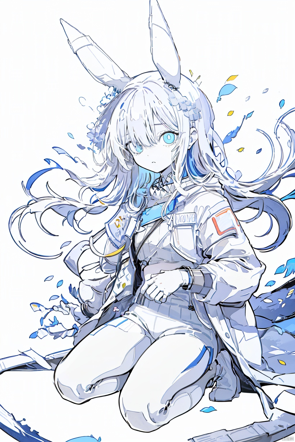  1girl, blue eyes, white long translucent night gown, expressionless, (white hair), hair cover one eye, long hair, blue hair flower, kneeling on lake, blood, (plenty of blue petals:1.35), (white background:1.5), (English text), greyscale, monochrome,greyscale,monochrome,sketch, rabbit ears, BJ_Violent_graffiti