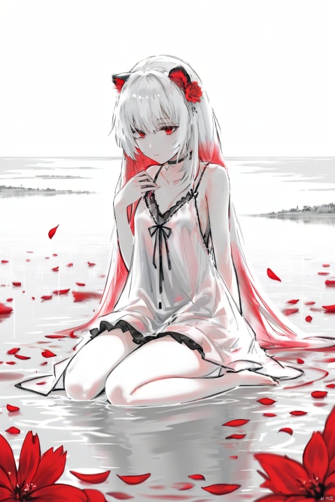  (masterpiece),(best quality),illustration,ultra detailed,hdr,Depth of field,(colorful),1girl,red eyes,white long translucent night gown,expressionless,(white hair),hair cover one eye,long hair,red hair flower,kneeling on lake,blood,(plenty of red petals:1.35),(white background:1.5),(English text),greyscale,monochrome,greyscale,monochrome,sketch, Kal'tsit, white hell, Migunov, gummy_(arknights),monoclor,lineart, qzhsws, texas_the_omertosa_(arknights), yyy, texas \(arknights\), soles, loli